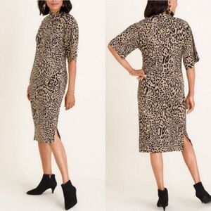 CHICO'S Cheetah Print Mock Neck Midi Shift Stretch Dress - Size 1‎